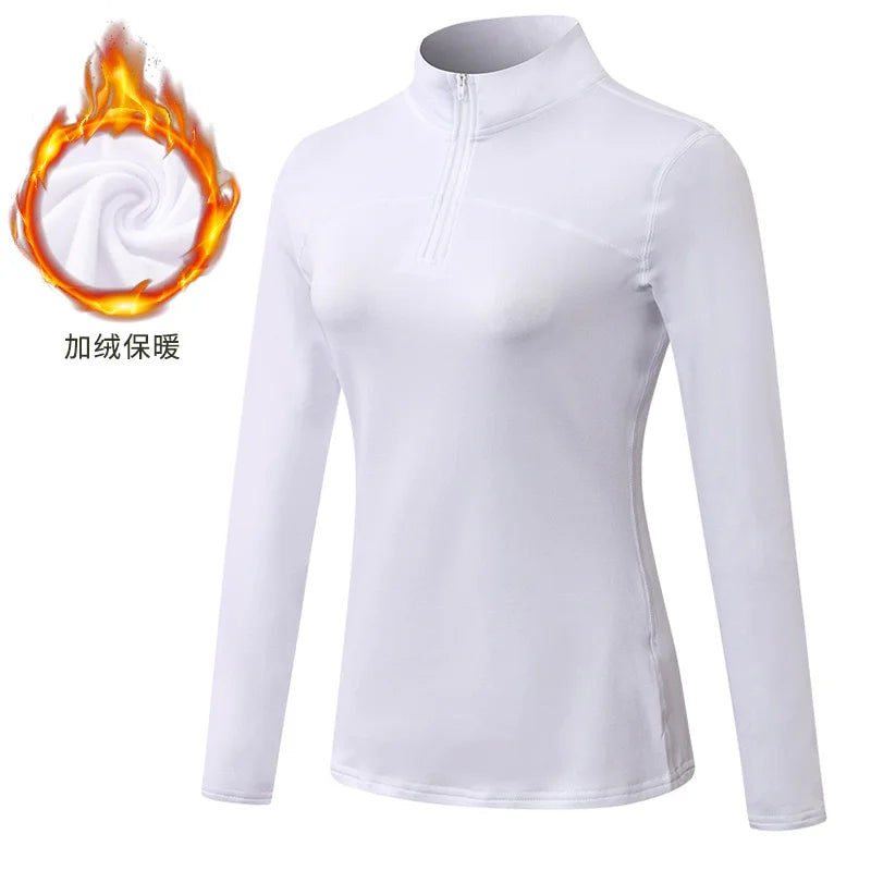 Yoga topos feminino outono inverno manga longa correndo esportes topo com zíper gola de fitness ao ar livre caminhadas bicicleta esporte camisa mais veludo