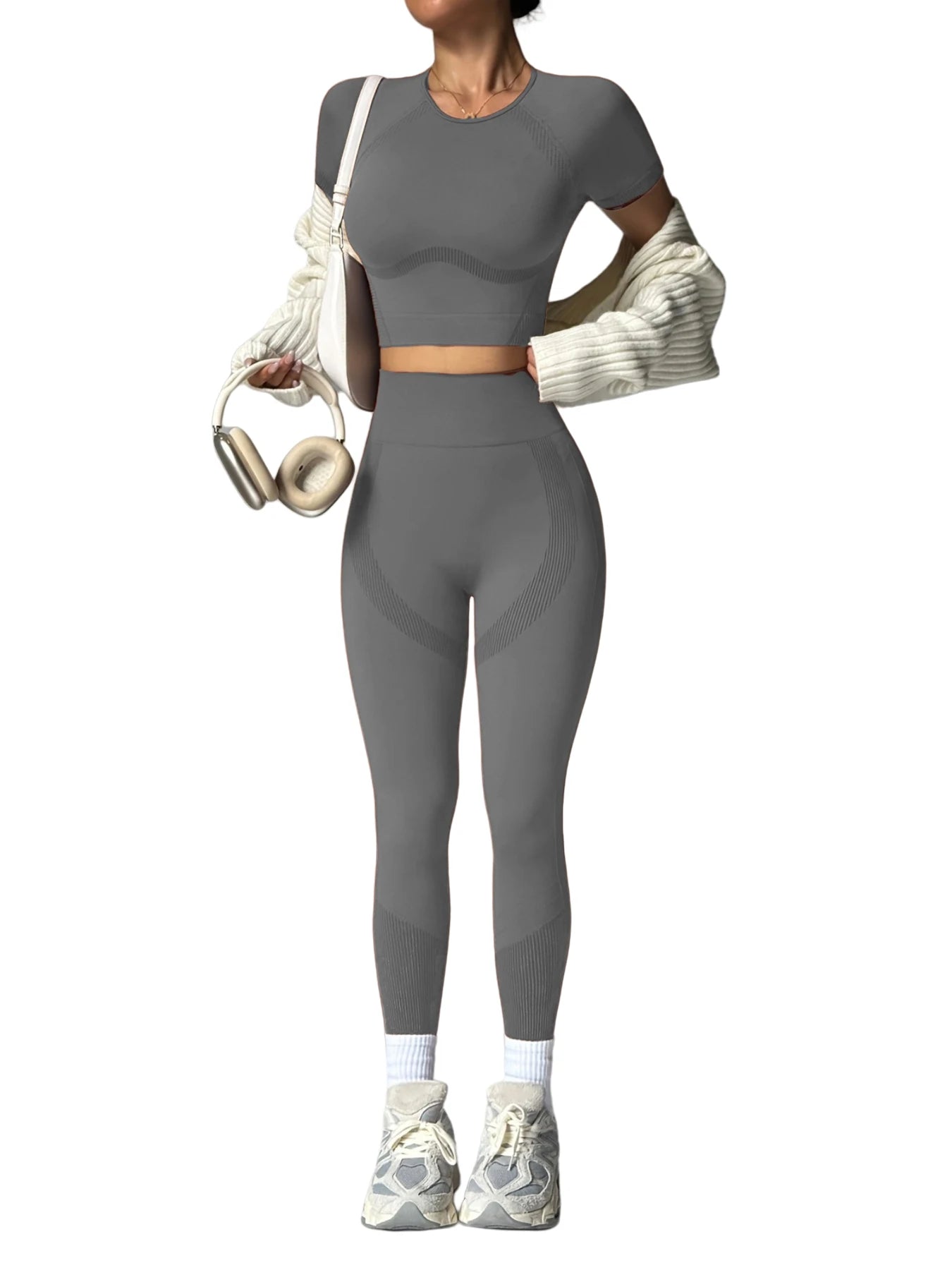 Conjunto de roupas esportivas resistentes das mulheres de 2 pces, mangas curtas respiráveis sem cintura e calças de cintura alta, treino de ginásio de yoga para correr,