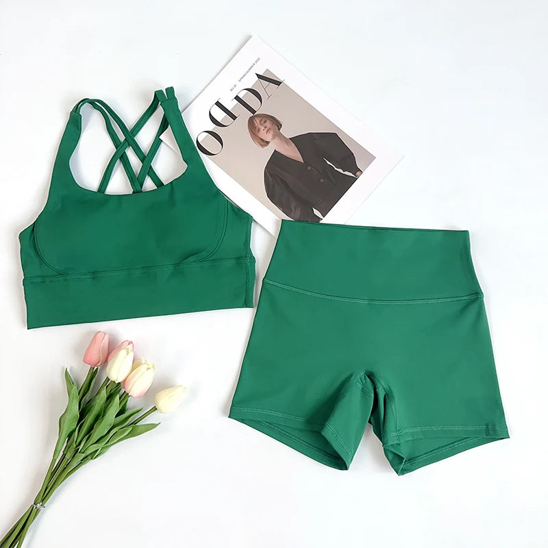 2 pçs conjuntos de yoga nu sentir ginásio conjunto feminino roupas de treino cintura alta shorts de yoga e tiras sutiã esportivo conjuntos curtos verão