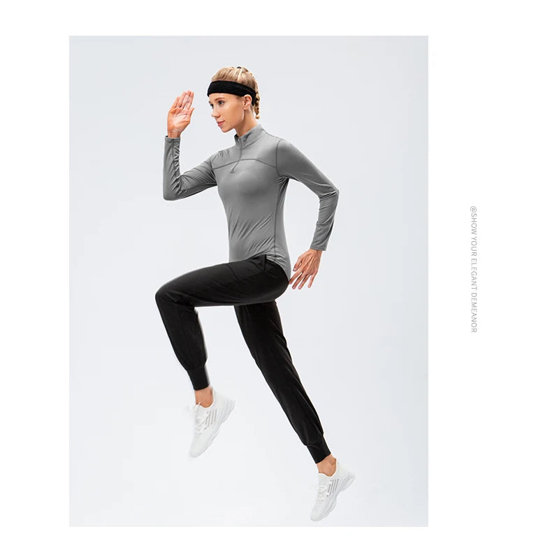 Yoga topos feminino outono inverno manga longa correndo esportes topo com zíper gola de fitness ao ar livre caminhadas bicicleta esporte camisa mais veludo