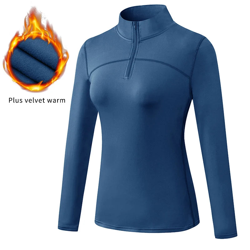 Yoga topos feminino outono inverno manga longa correndo esportes topo com zíper gola de fitness ao ar livre caminhadas bicicleta esporte camisa mais veludo