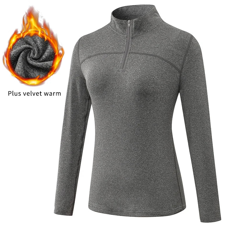 Yoga topos feminino outono inverno manga longa correndo esportes topo com zíper gola de fitness ao ar livre caminhadas bicicleta esporte camisa mais veludo