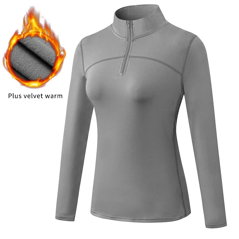 Yoga topos feminino outono inverno manga longa correndo esportes topo com zíper gola de fitness ao ar livre caminhadas bicicleta esporte camisa mais veludo
