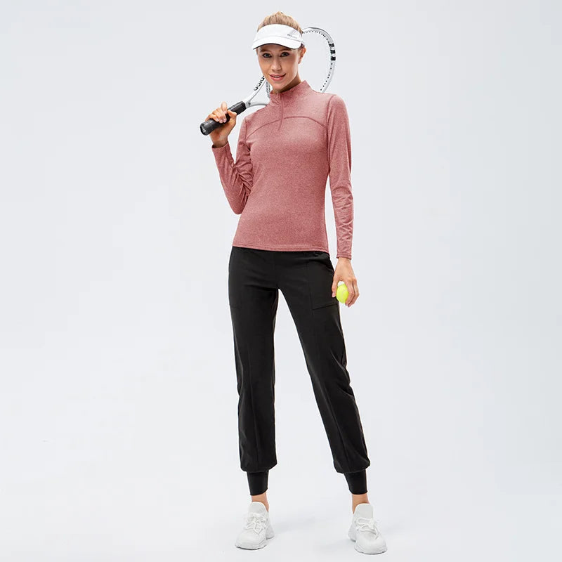 Yoga topos feminino outono inverno manga longa correndo esportes topo com zíper gola de fitness ao ar livre caminhadas bicicleta esporte camisa mais veludo