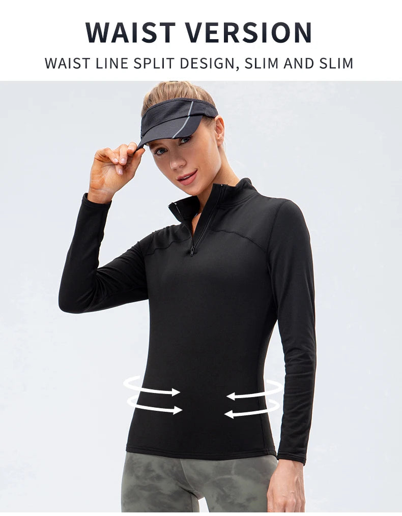 Yoga topos feminino outono inverno manga longa correndo esportes topo com zíper gola de fitness ao ar livre caminhadas bicicleta esporte camisa mais veludo