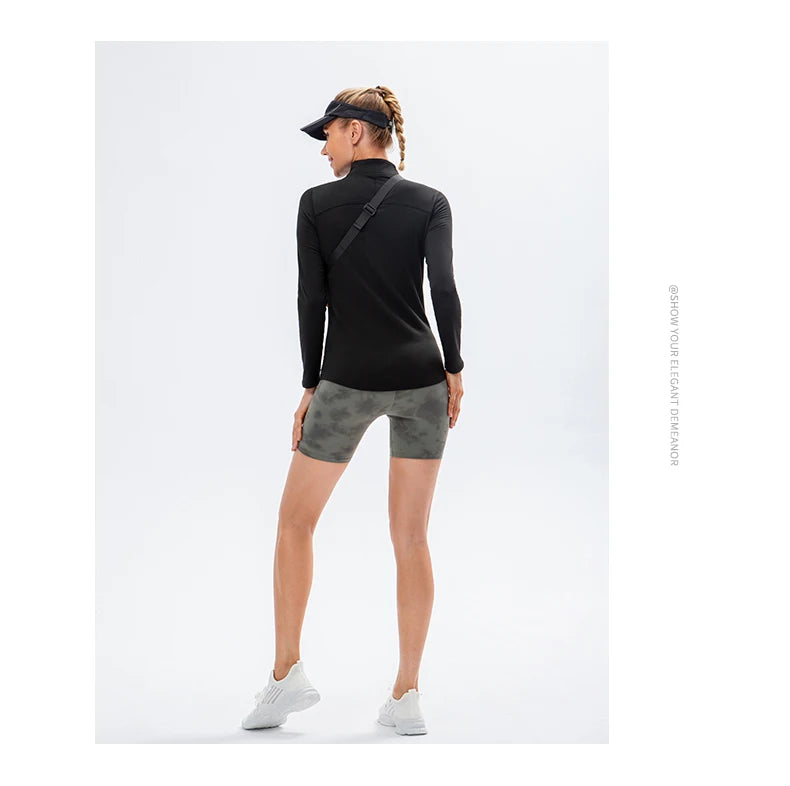 Yoga topos feminino outono inverno manga longa correndo esportes topo com zíper gola de fitness ao ar livre caminhadas bicicleta esporte camisa mais veludo