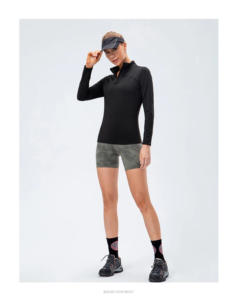 Yoga topos feminino outono inverno manga longa correndo esportes topo com zíper gola de fitness ao ar livre caminhadas bicicleta esporte camisa mais veludo