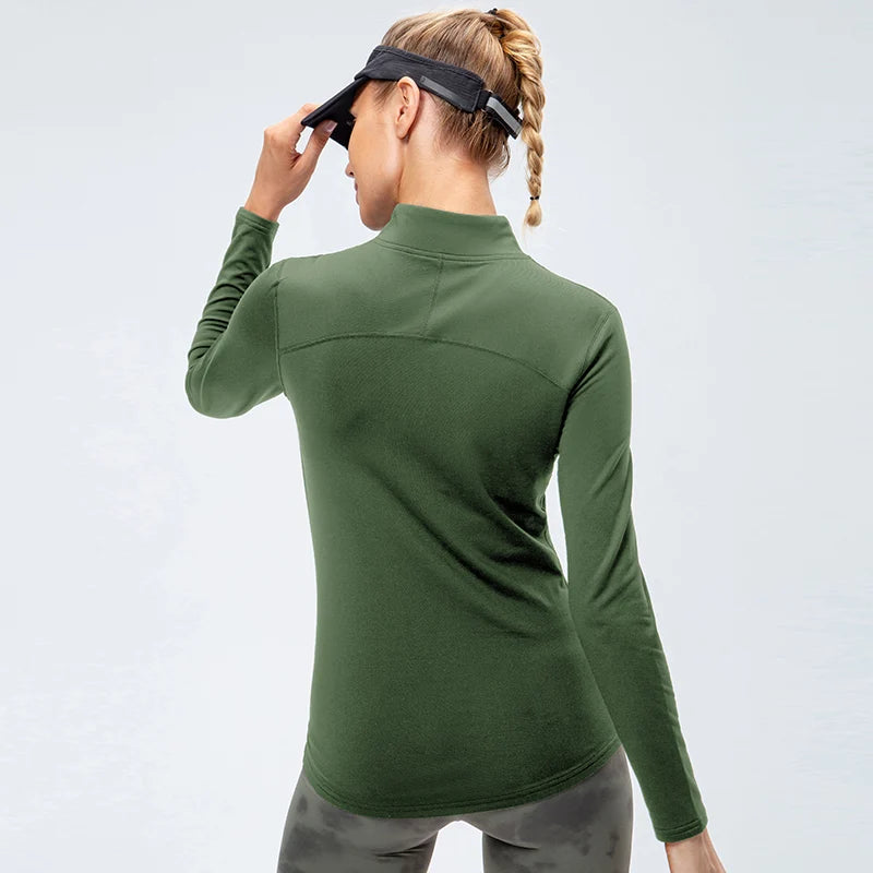 Yoga topos feminino outono inverno manga longa correndo esportes topo com zíper gola de fitness ao ar livre caminhadas bicicleta esporte camisa mais veludo