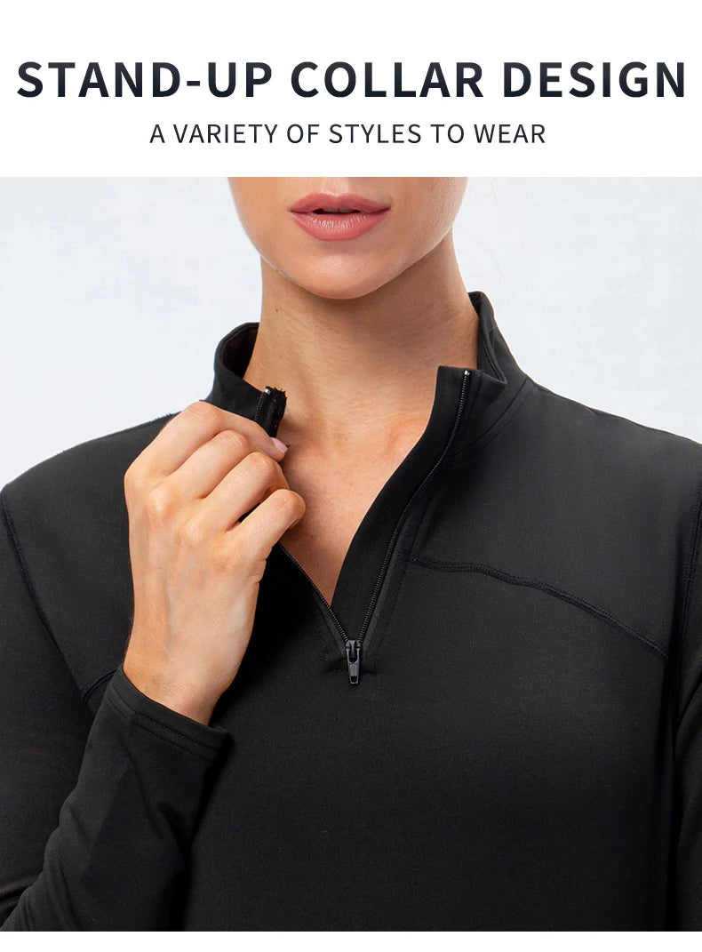 Yoga topos feminino outono inverno manga longa correndo esportes topo com zíper gola de fitness ao ar livre caminhadas bicicleta esporte camisa mais veludo