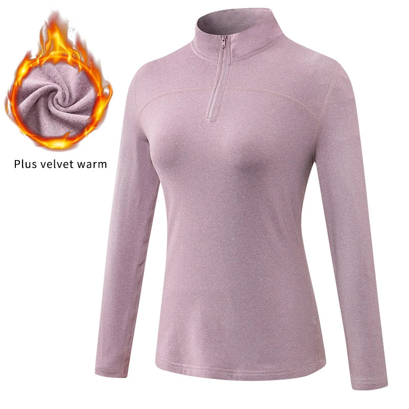Yoga topos feminino outono inverno manga longa correndo esportes topo com zíper gola de fitness ao ar livre caminhadas bicicleta esporte camisa mais veludo