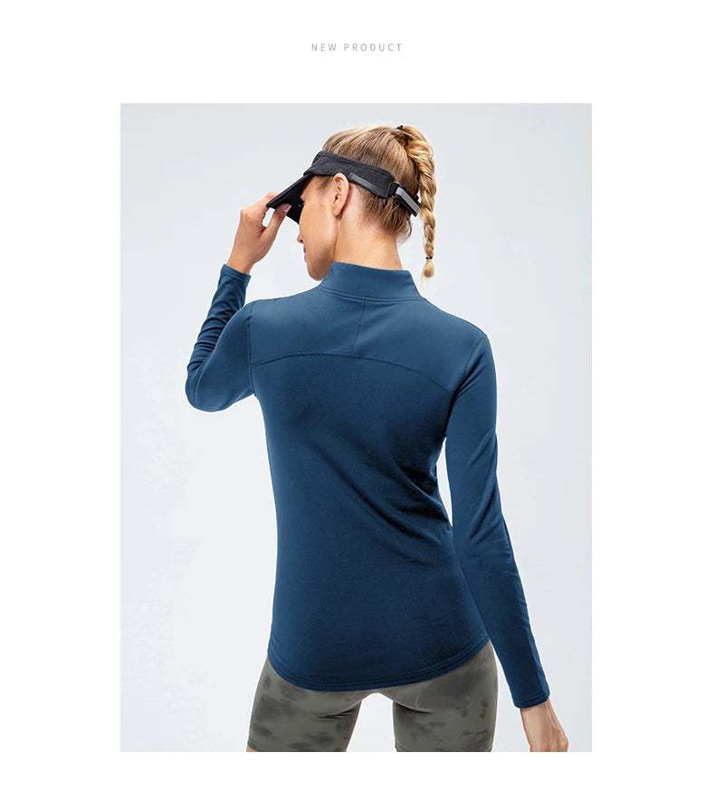 Yoga topos feminino outono inverno manga longa correndo esportes topo com zíper gola de fitness ao ar livre caminhadas bicicleta esporte camisa mais veludo