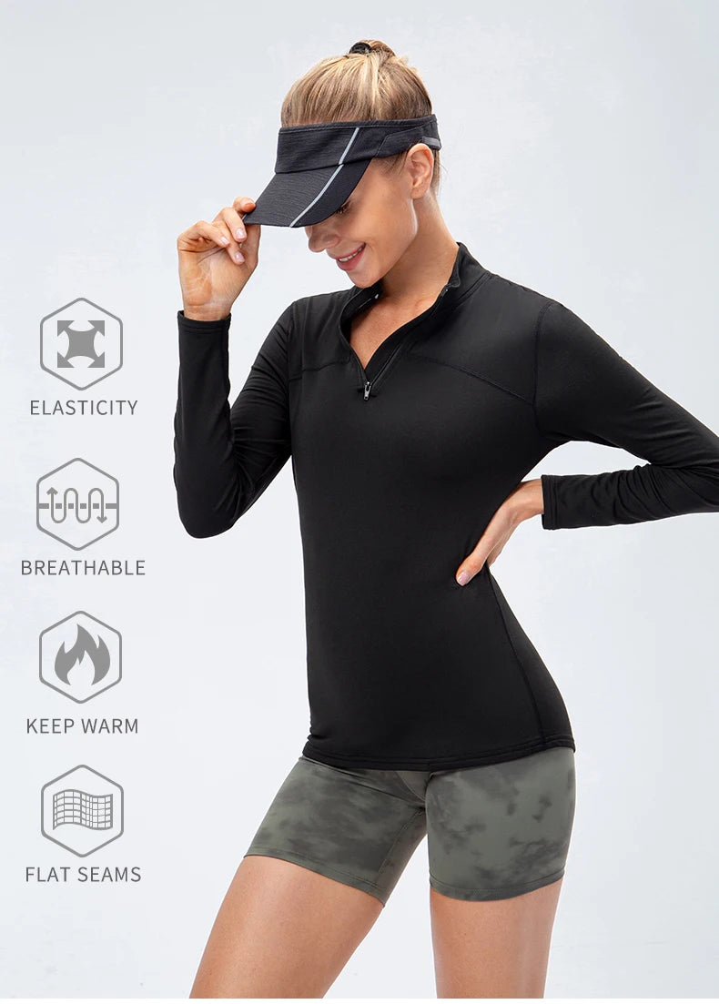 Yoga topos feminino outono inverno manga longa correndo esportes topo com zíper gola de fitness ao ar livre caminhadas bicicleta esporte camisa mais veludo