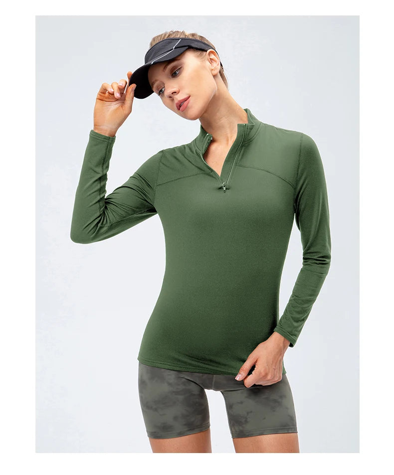 Yoga topos feminino outono inverno manga longa correndo esportes topo com zíper gola de fitness ao ar livre caminhadas bicicleta esporte camisa mais veludo