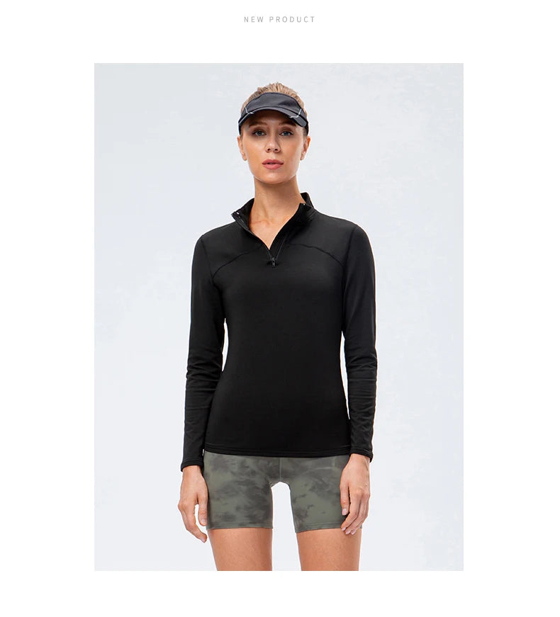 Yoga topos feminino outono inverno manga longa correndo esportes topo com zíper gola de fitness ao ar livre caminhadas bicicleta esporte camisa mais veludo
