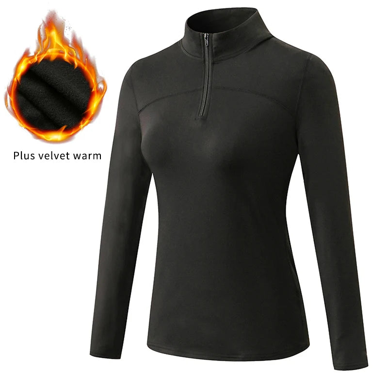Yoga topos feminino outono inverno manga longa correndo esportes topo com zíper gola de fitness ao ar livre caminhadas bicicleta esporte camisa mais veludo
