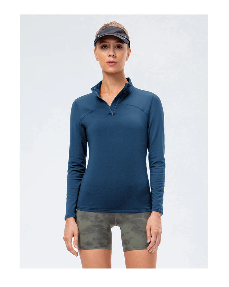 Yoga topos feminino outono inverno manga longa correndo esportes topo com zíper gola de fitness ao ar livre caminhadas bicicleta esporte camisa mais veludo