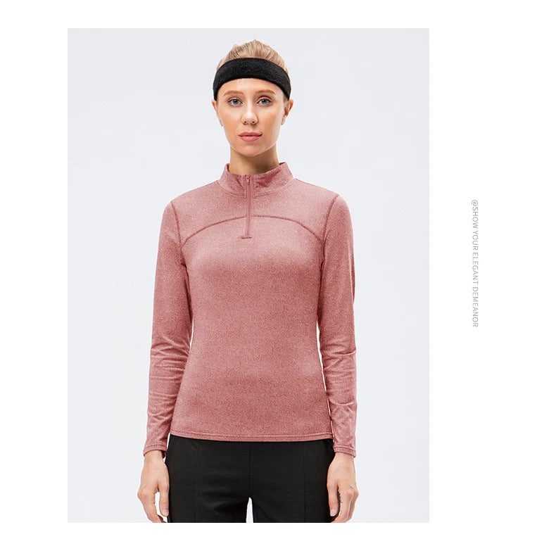 Yoga topos feminino outono inverno manga longa correndo esportes topo com zíper gola de fitness ao ar livre caminhadas bicicleta esporte camisa mais veludo