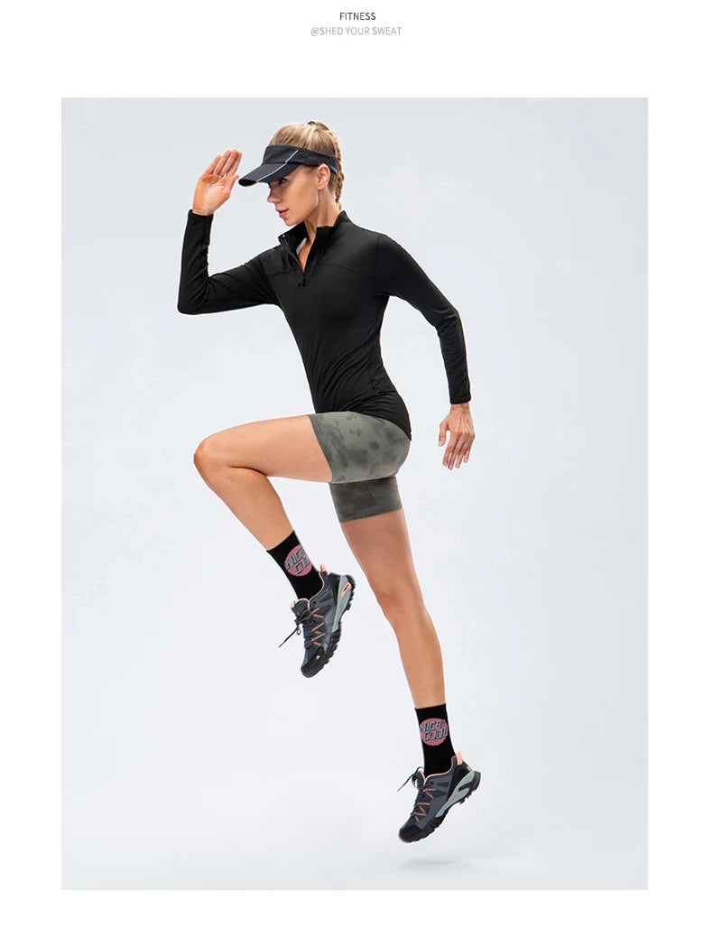 Yoga topos feminino outono inverno manga longa correndo esportes topo com zíper gola de fitness ao ar livre caminhadas bicicleta esporte camisa mais veludo