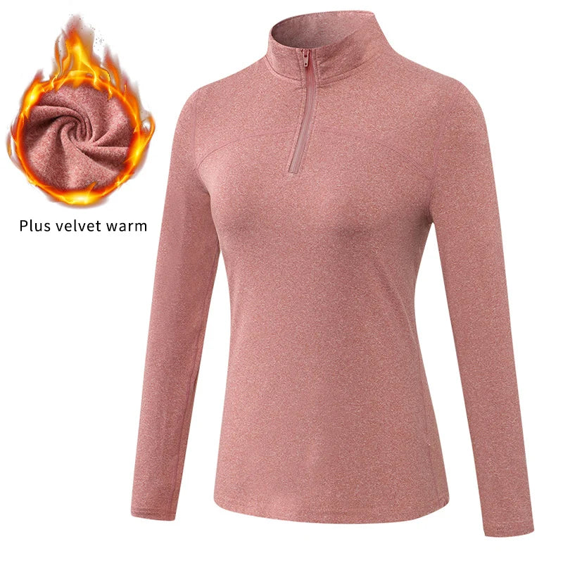 Yoga topos feminino outono inverno manga longa correndo esportes topo com zíper gola de fitness ao ar livre caminhadas bicicleta esporte camisa mais veludo