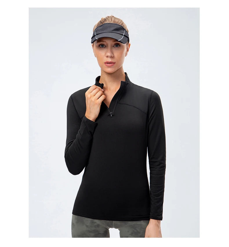 Yoga topos feminino outono inverno manga longa correndo esportes topo com zíper gola de fitness ao ar livre caminhadas bicicleta esporte camisa mais veludo
