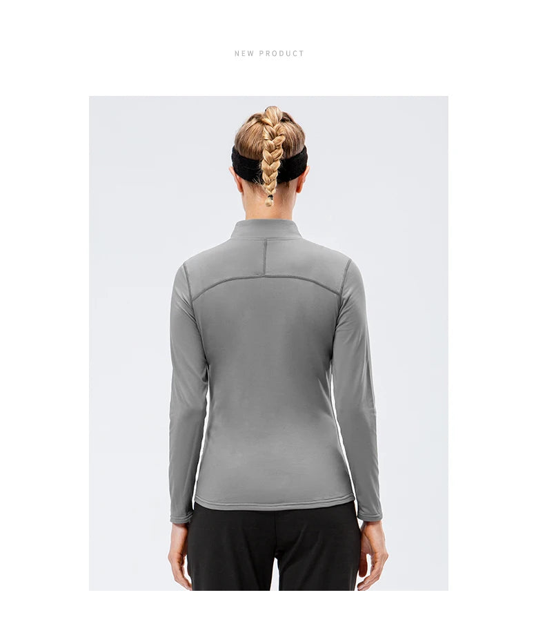Yoga topos feminino outono inverno manga longa correndo esportes topo com zíper gola de fitness ao ar livre caminhadas bicicleta esporte camisa mais veludo