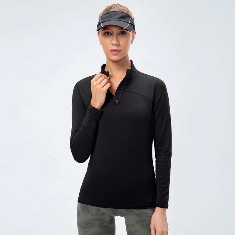 Yoga topos feminino outono inverno manga longa correndo esportes topo com zíper gola de fitness ao ar livre caminhadas bicicleta esporte camisa mais veludo