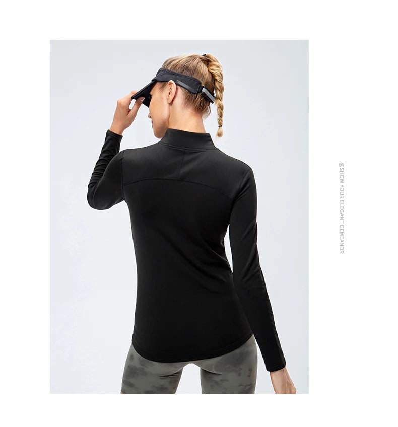 Yoga topos feminino outono inverno manga longa correndo esportes topo com zíper gola de fitness ao ar livre caminhadas bicicleta esporte camisa mais veludo