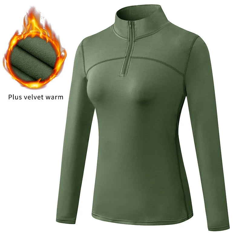 Yoga topos feminino outono inverno manga longa correndo esportes topo com zíper gola de fitness ao ar livre caminhadas bicicleta esporte camisa mais veludo