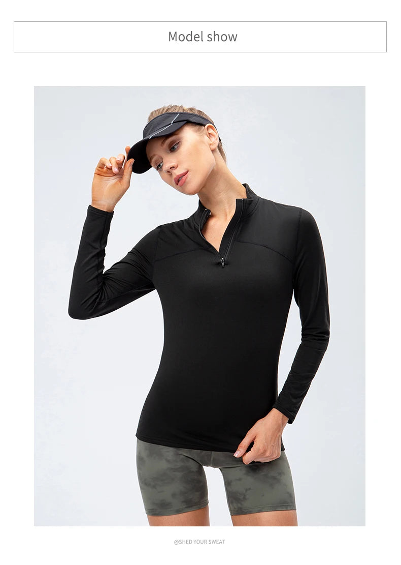 Yoga topos feminino outono inverno manga longa correndo esportes topo com zíper gola de fitness ao ar livre caminhadas bicicleta esporte camisa mais veludo