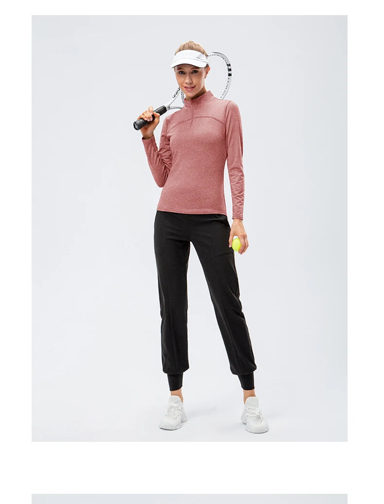 Yoga topos feminino outono inverno manga longa correndo esportes topo com zíper gola de fitness ao ar livre caminhadas bicicleta esporte camisa mais veludo