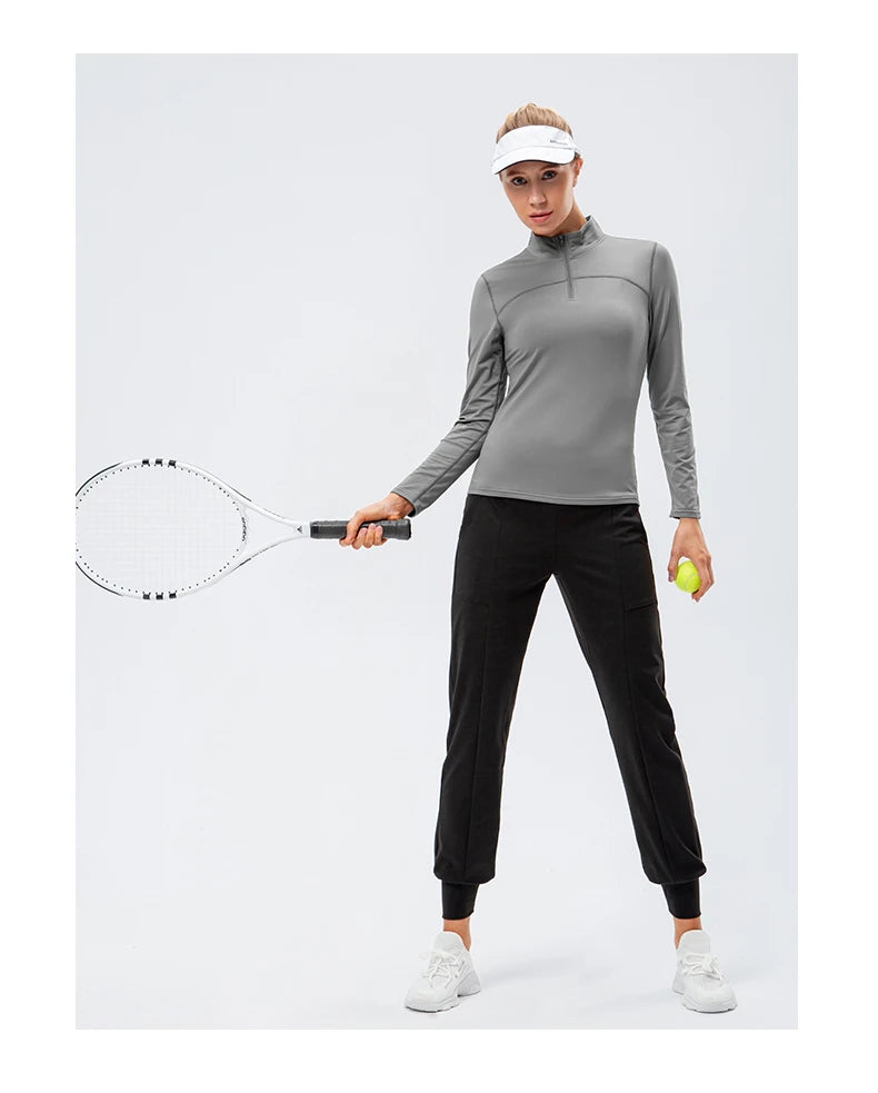 Yoga topos feminino outono inverno manga longa correndo esportes topo com zíper gola de fitness ao ar livre caminhadas bicicleta esporte camisa mais veludo