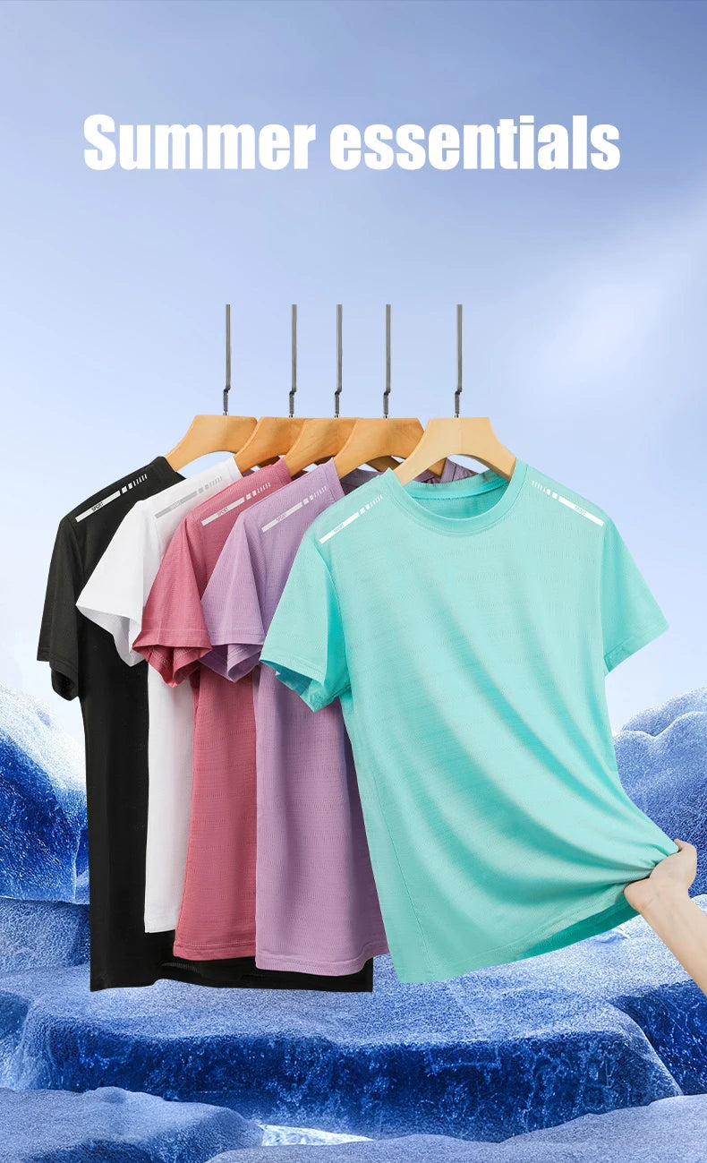 Camiseta de Verão em Malha para Mulheres, Camiseta de Corrida ao Ar Livre com Faixa Refletiva, Manga Curta Respirável, Camiseta Esportiva Elástica para Fitness