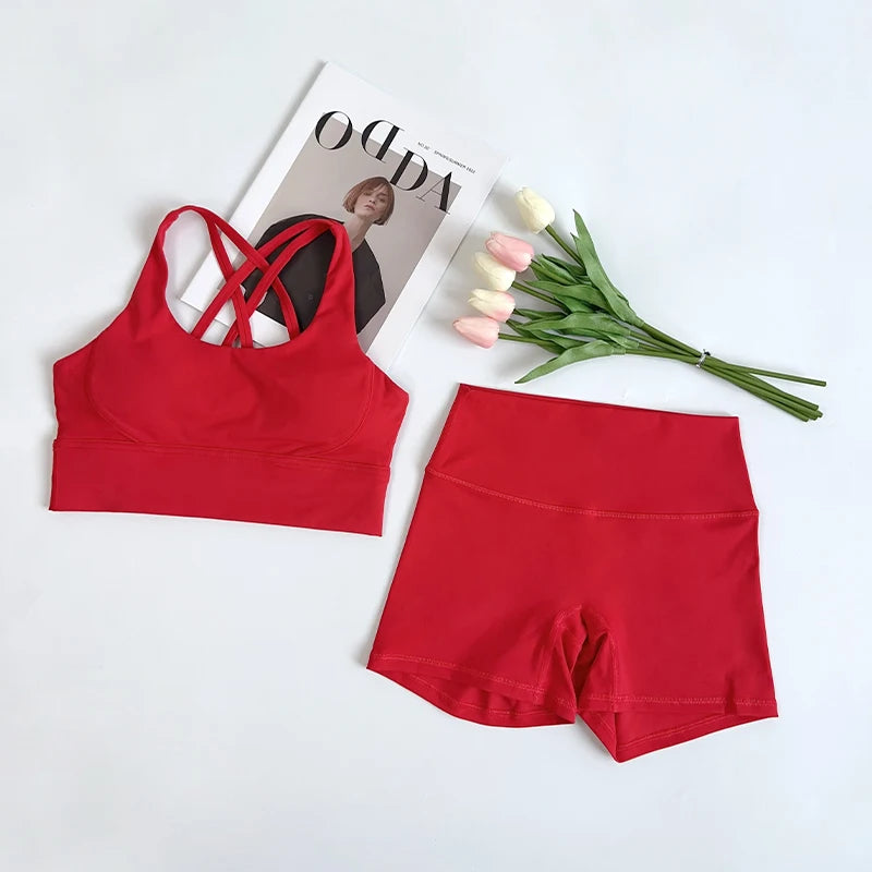2 pçs conjuntos de yoga nu sentir ginásio conjunto feminino roupas de treino cintura alta shorts de yoga e tiras sutiã esportivo conjuntos curtos verão