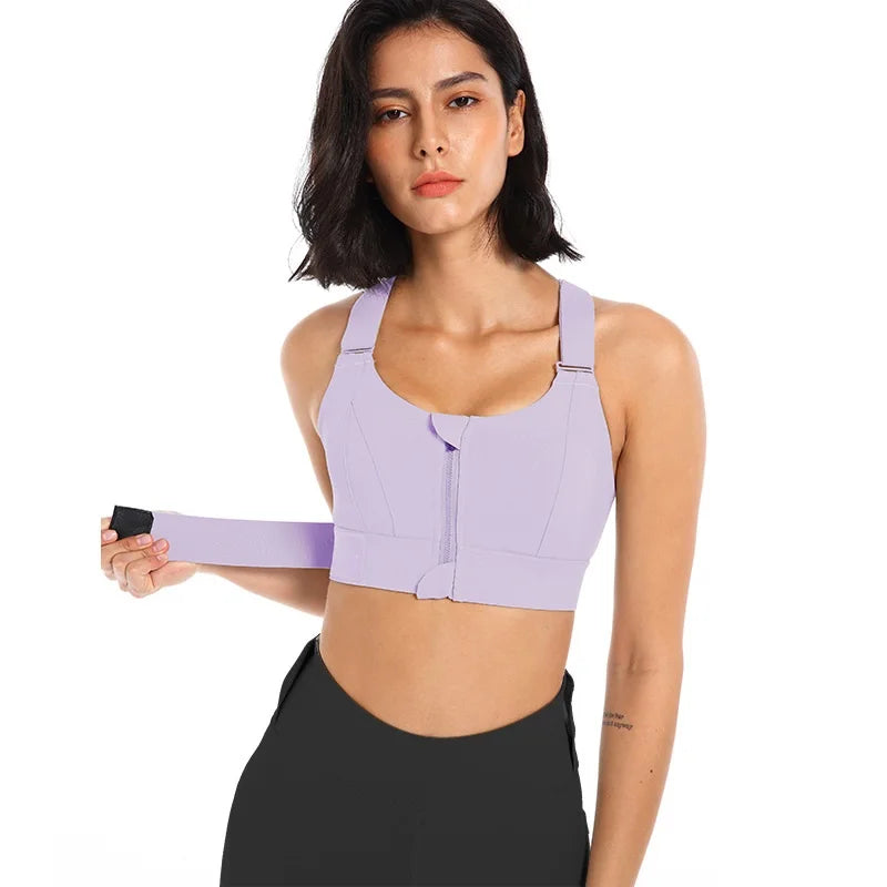 Sutiãs esportivos para mulheres, crop top, colete yoga, zíper frontal, alça ajustável, à prova de choque, ginásio fitness, sutiã atlético, plus size