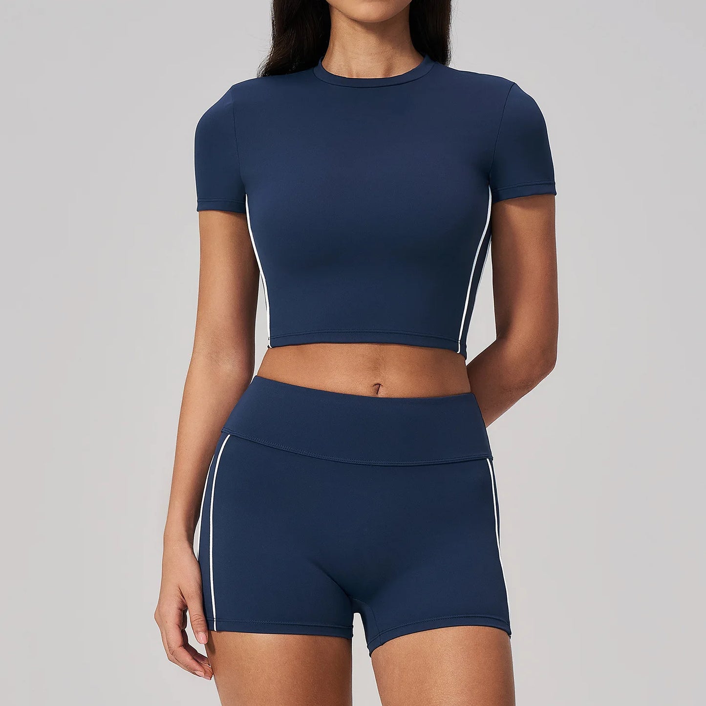 Conjunto de Roupas de Yoga Feminino 2 Peças, Roupa Esportiva para Corrida e Treino, Conjunto de Ginástica com Camiseta de Mangas Curtas, Vestuário Esportivo para Yoga