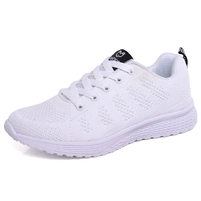 Tênis Casuais Femininos, Moda Respirável, Sapatos Planos de Malha para Caminhada, Tênis para Corrida e Academia, Calçados Femininos Brancos