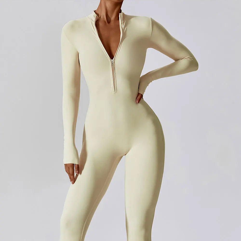 Yoga boilersuit manga comprida roupas esportivas femininas ginásio zíper macacões treino de alta intensidade fitness uma peça vestuário apertado da pele