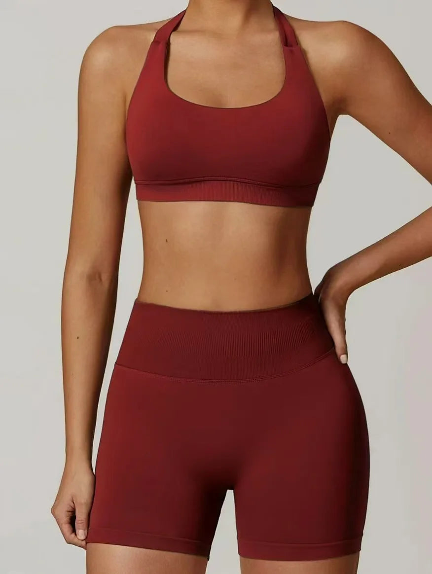Conjunto de Yoga Feminino com Top Halter e Shorts de Cintura Alta, Ajuste Justo e Versátil para Fitness e Esportes