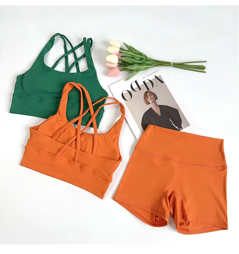 2 pçs conjuntos de yoga nu sentir ginásio conjunto feminino roupas de treino cintura alta shorts de yoga e tiras sutiã esportivo conjuntos curtos verão