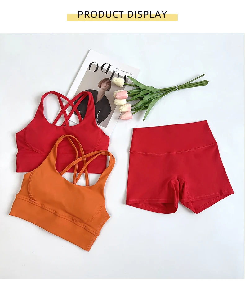 2 pçs conjuntos de yoga nu sentir ginásio conjunto feminino roupas de treino cintura alta shorts de yoga e tiras sutiã esportivo conjuntos curtos verão