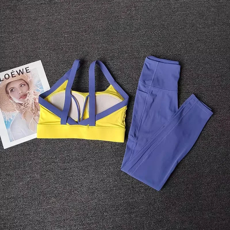2 pçs feminino high-end yoga treino terno conjunto de fitness conjunto de roupas esportivas ginásio com sutiã esportivo e leggings conjunto