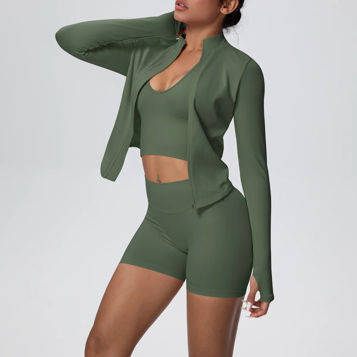 Mulheres sem costura conjunto de yoga 3 pçs roupas de treino esportes ginásio legging à prova de choque sutiã de fitness colheita superior manga longa terno de yoga