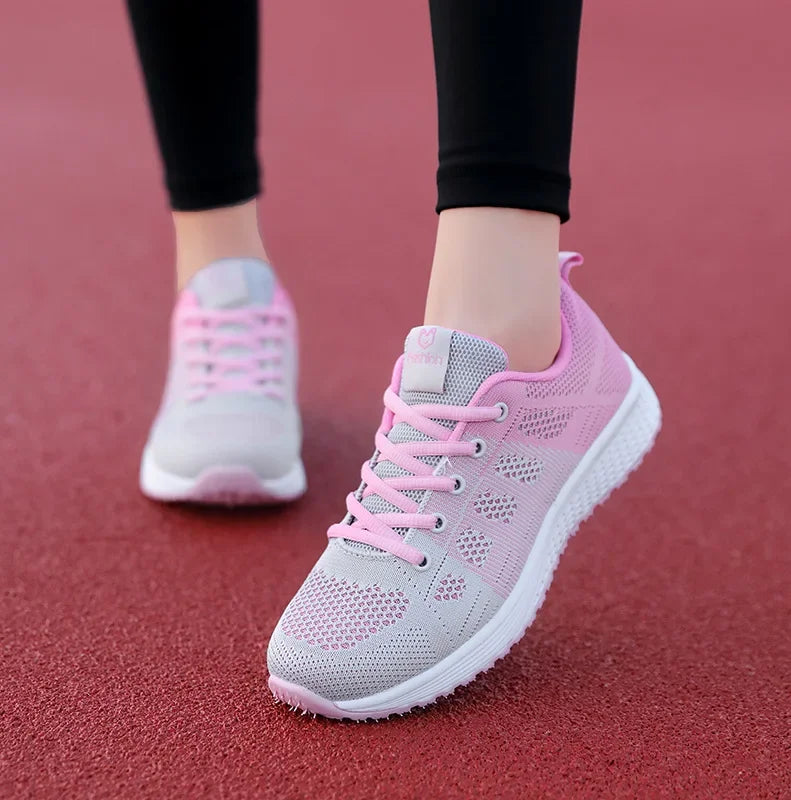 Tênis Casuais Femininos, Moda Respirável, Sapatos Planos de Malha para Caminhada, Tênis para Corrida e Academia, Calçados Femininos Brancos