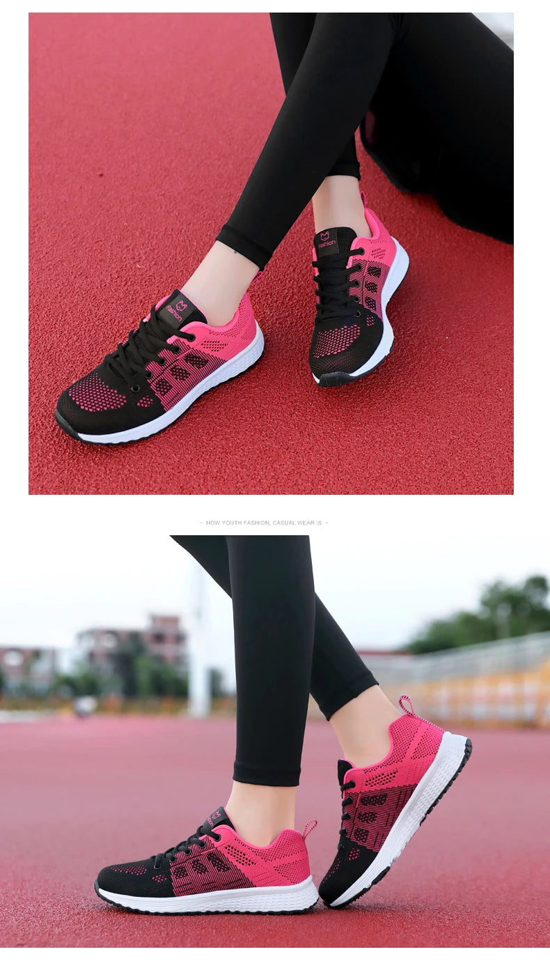Tênis Casuais Femininos, Moda Respirável, Sapatos Planos de Malha para Caminhada, Tênis para Corrida e Academia, Calçados Femininos Brancos