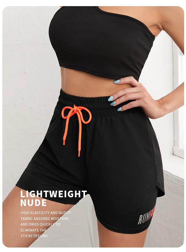 Shorts de ioga femininos de cintura alta com controle de proximidade elástico, shorts de corrida, calças falsas de duas peças