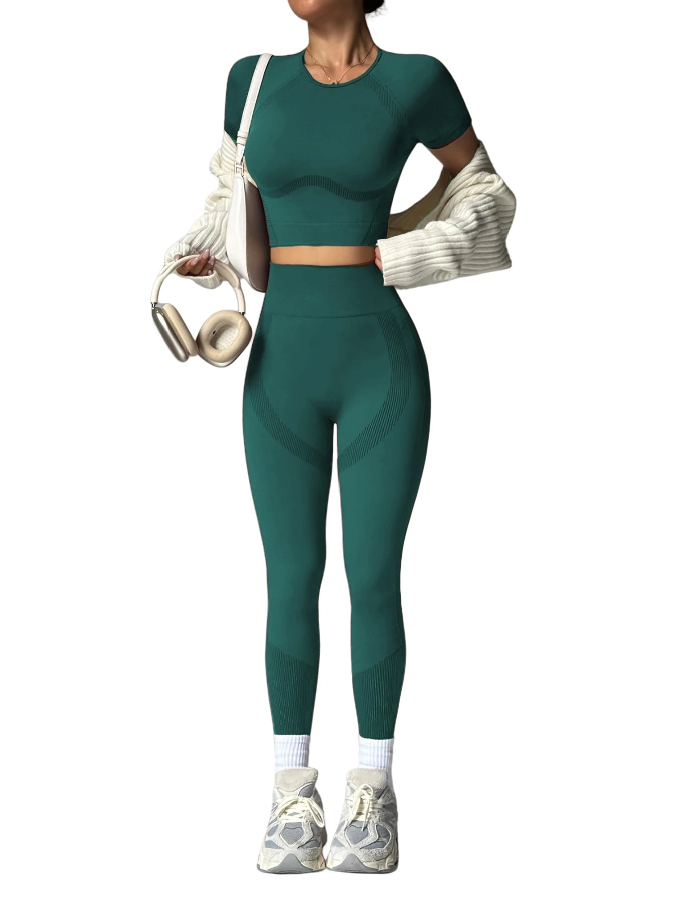 Conjunto de roupas esportivas resistentes das mulheres de 2 pces, mangas curtas respiráveis sem cintura e calças de cintura alta, treino de ginásio de yoga para correr,