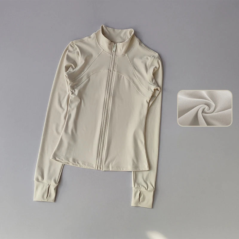 Terno de yoga feminino high-end gola de manga comprida jaqueta esportiva correndo treinamento fitness superior à prova de vento terno de corrida