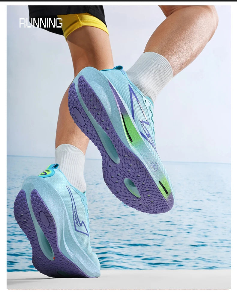 Tênis de corrida CHUNTA com placa de carbono e malha respirável para homens e mulheres, tênis esportivos para maratona com amortecimento e antiderrapantes.