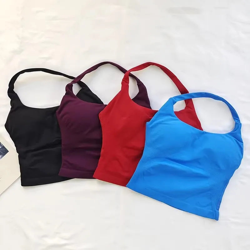 Conjunto Esportivo Feminino com Top Halter Sem Costas e Alças Acolchoadas, Sutiã Esportivo Antichoque para Yoga, Academia, Fitness e Uso Diário ao Ar Livre