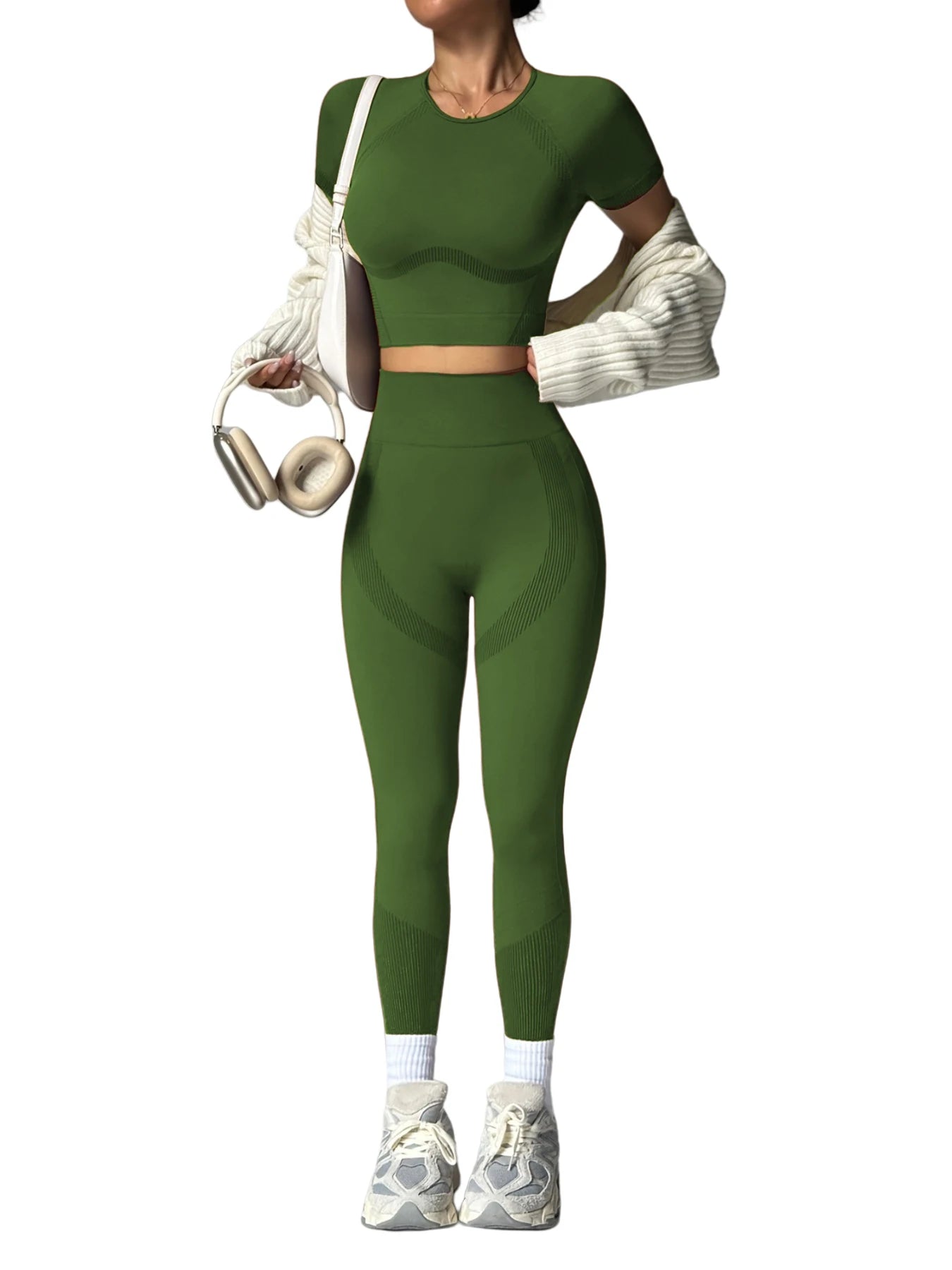 Conjunto de roupas esportivas resistentes das mulheres de 2 pces, mangas curtas respiráveis sem cintura e calças de cintura alta, treino de ginásio de yoga para correr,